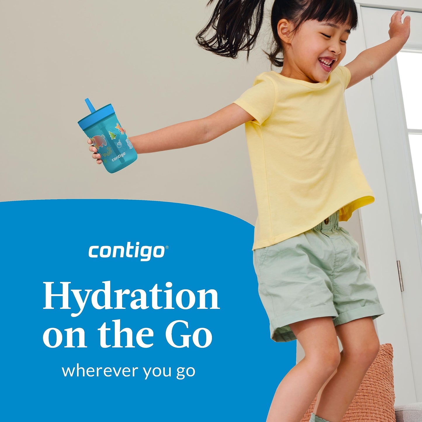 Contigo Kids Leighton Straw Tumbler With Spill-Proof Leak-Proof Lid, 14Oz, Juniper/Blue Forest