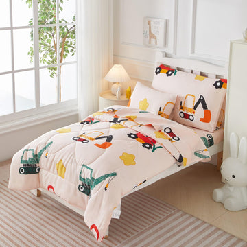 Mucalis 5 Pieces Toddler Bedding Set Engineering Vehicle Cars Toddler Comforter Set For Boys Girls Excavator Theme Crib Bed Sets