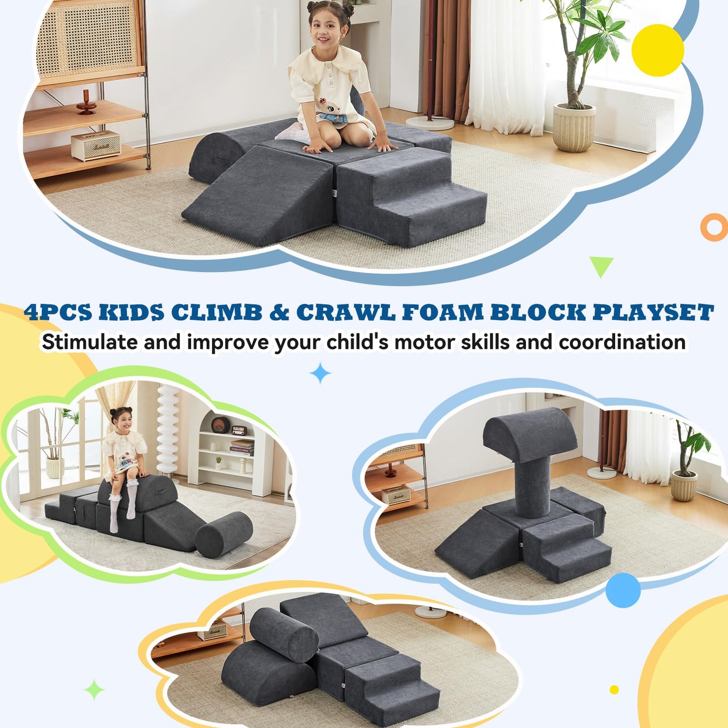 Jela Foam Blocks 6Pcs Soft Play Equipment Luxury Corduroy Fabric, Toddler Climbing Toys Indoor Soft Play Climbing For Toddlers,