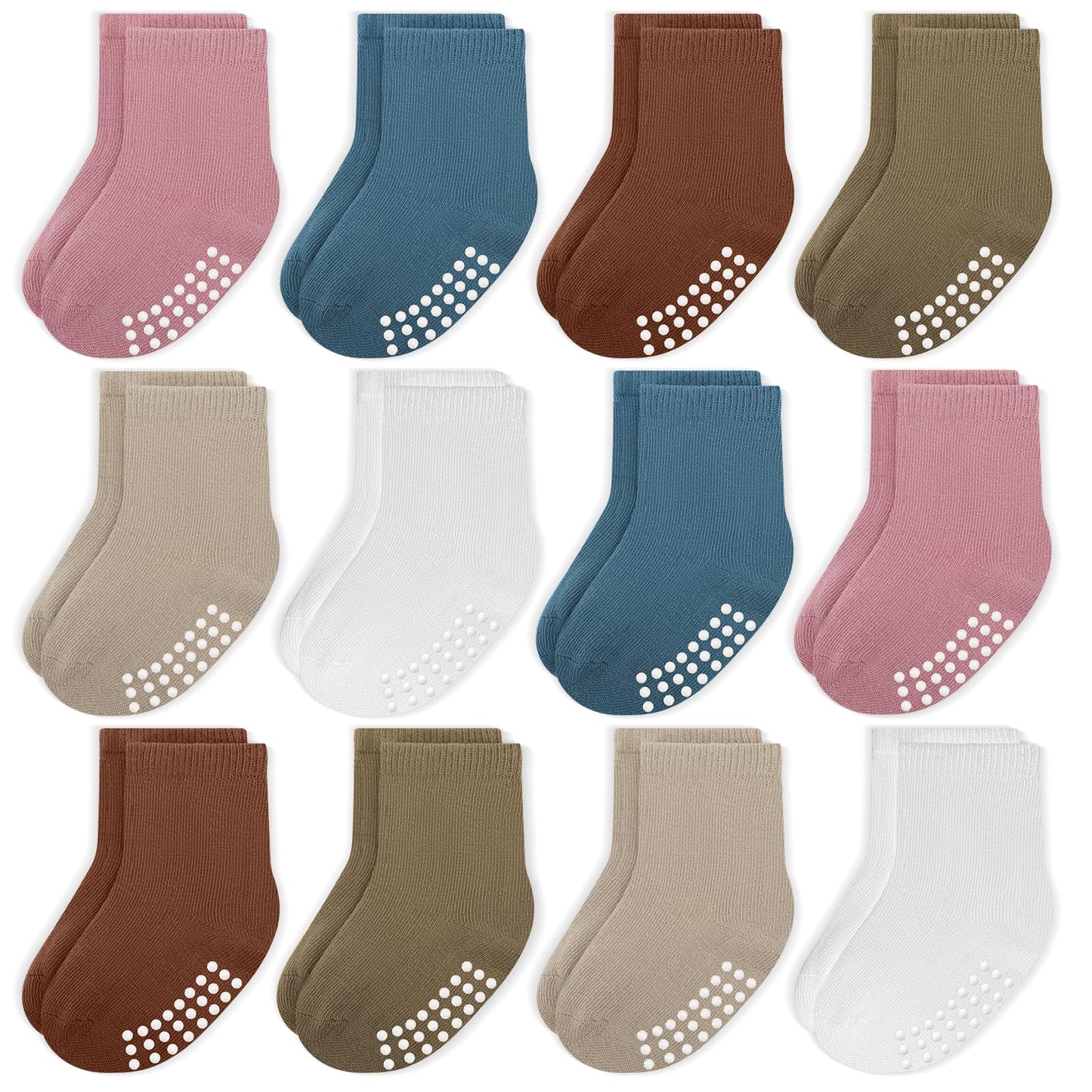 Jakidar 12 Pack Baby Socks Cotton Crew Toddler Socks Grips Non Slip Bottom Kids Socks, Pink Blue Brown Khaki 4-7T