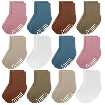 Jakidar 12 Pack Baby Socks Cotton Crew Toddler Socks Grips Non Slip Bottom Kids Socks, Pink Blue Brown Khaki 2-4T