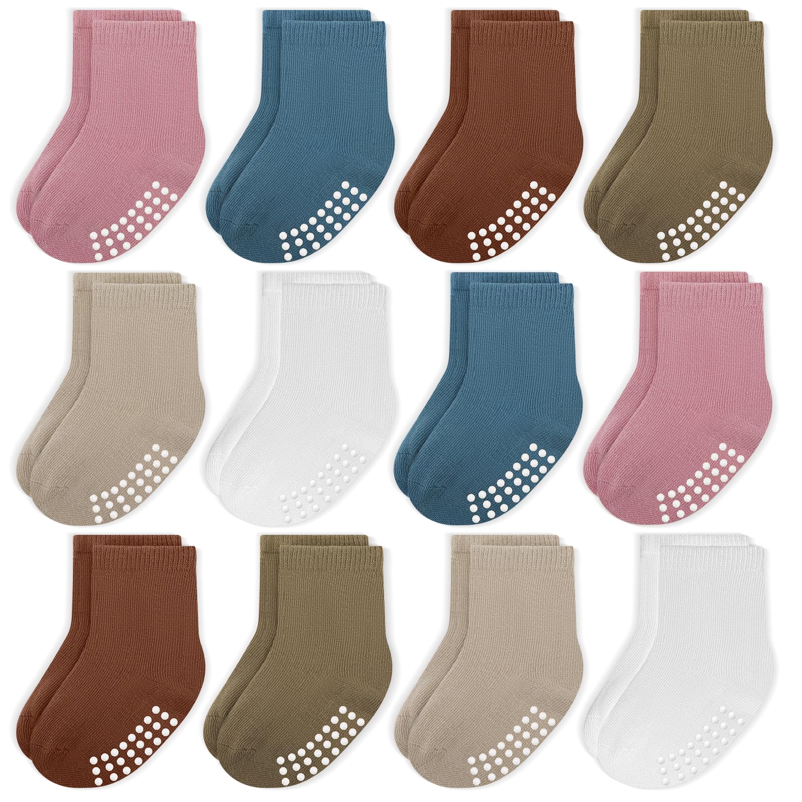 Jakidar 12 Pack Baby Socks Cotton Crew Toddler Socks Grips Non Slip Bottom Kids Socks, Pink Blue Brown Khaki 12-24M