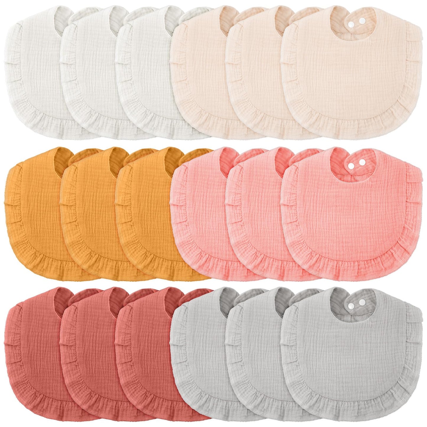 Kenning 18 Pcs Muslin Drool Baby Bibs Ruffle Absorbent Bib with Snap Button Boy Girl for Drooling Teething Infant Newborn(Neutra