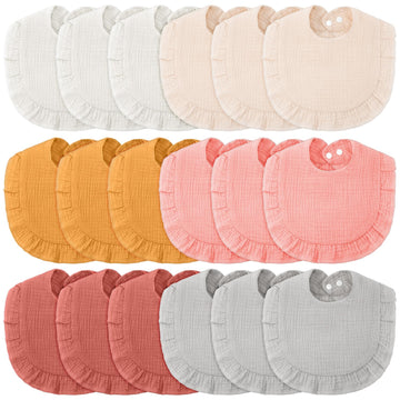 Kenning 18 Pcs Muslin Drool Baby Bibs Ruffle Absorbent Bib with Snap Button Boy Girl for Drooling Teething Infant Newborn(Neutra