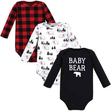 Hudson Baby Unisex Baby Cotton Long-Sleeve Bodysuits Buffalo Plaid Bear 3-Pack, 12-18 Months