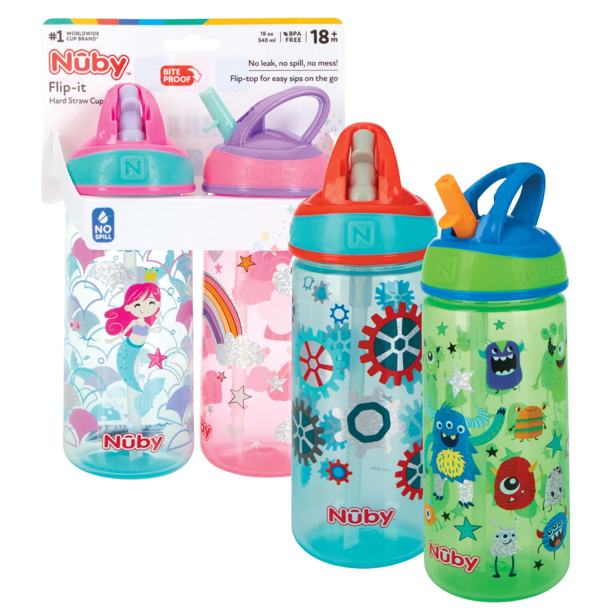 Nuby 2 Pack Iridescent Flip-it Kids On-The-Go Printed Water Bottle with Bite Proof Hard Straw - 18oz / 540 ml, 18+ Months, 2 pk 