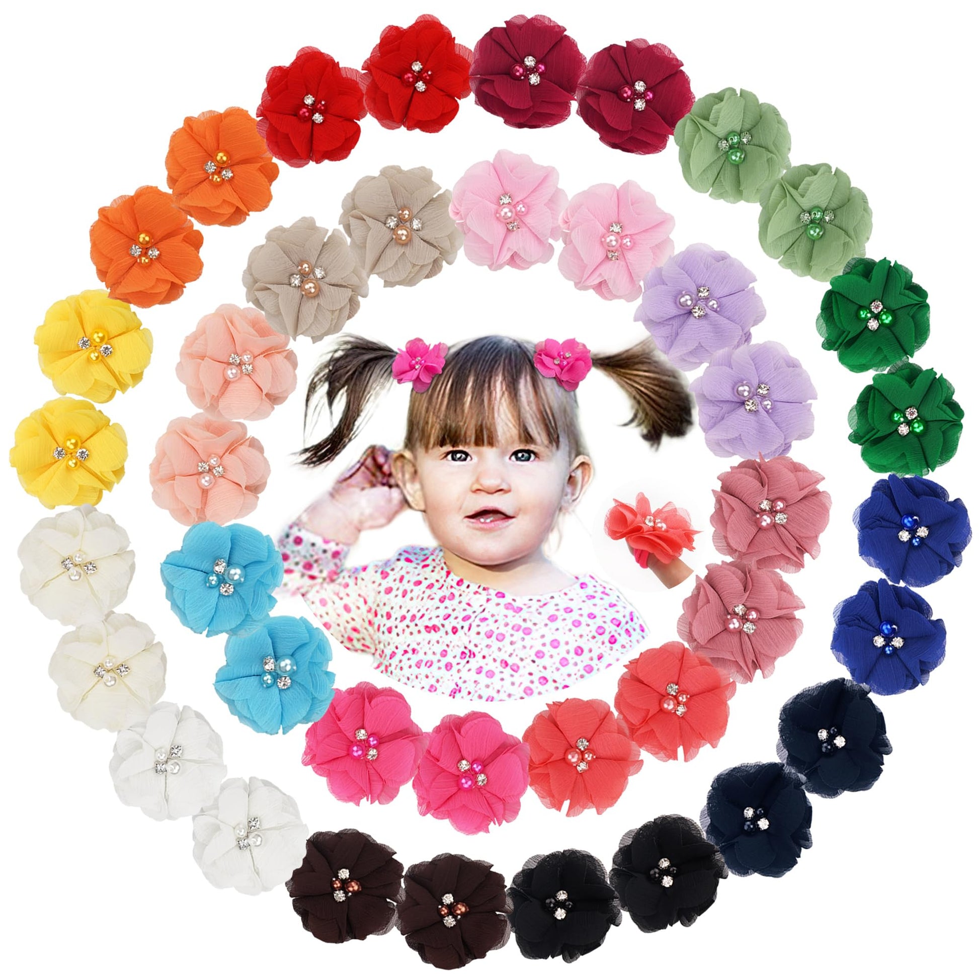 40 Pack Baby Girls Hair Accessories - 2 Inch Handmade Pearl Rhinestone Chiffon Flower Soft Elastics Ponytail Holders For Newborn
