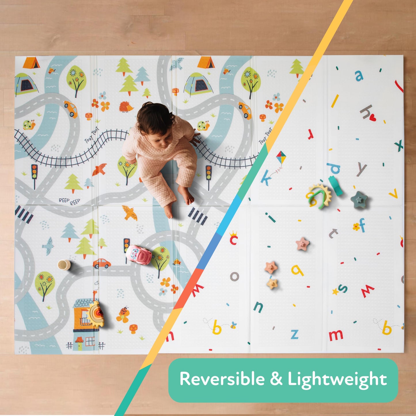 Nuby Reversible Baby Floor Mat - Foldable and Lightweight Foam Infant Play Mat - 77 x 58 - Easy Storage and Travel - Car Tracks/