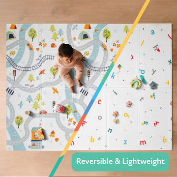 Nuby Reversible Baby Floor Mat - Foldable and Lightweight Foam Infant Play Mat - 77 x 58 - Easy Storage and Travel - Car Tracks/