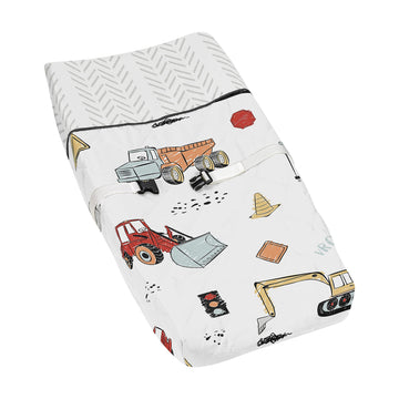 Sweet Jojo Designs Construction Truck Boy Baby Nursery Changing Pad Cover - Grey Yellow Orange Red And Blue Transportation Chevr