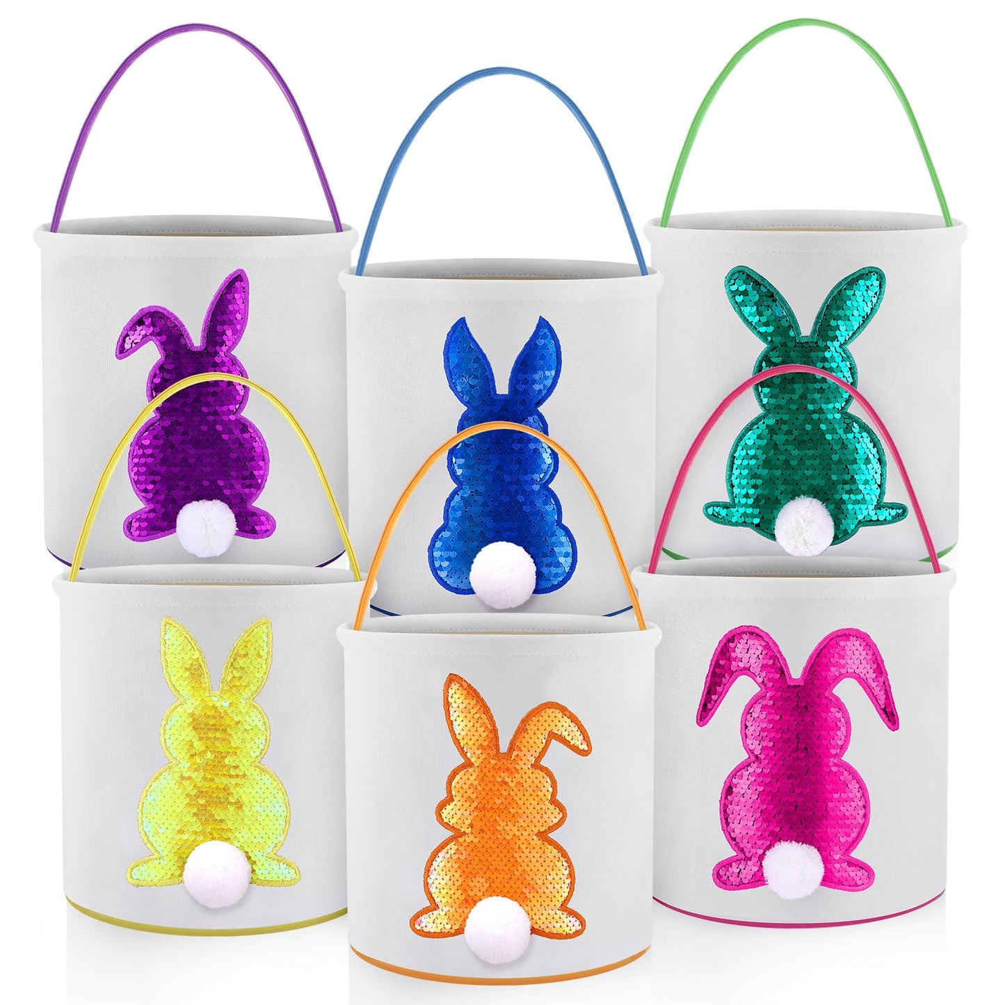Honeydak 6 PCS Easter Eggs Hunt Basket for Kids Bunny Canvas Rabbit Tote Carry Bucket Bags(Color 2,Colorful Sequined Bunny)