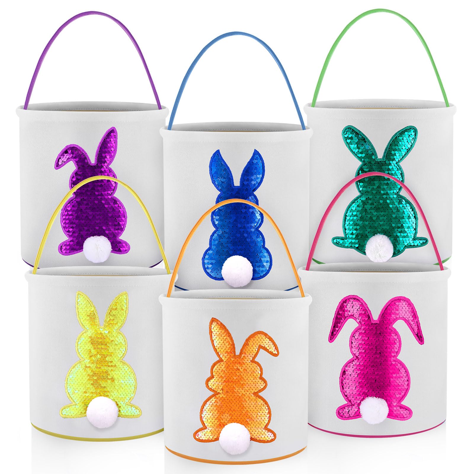 Honeydak 6 PCS Easter Eggs Hunt Basket for Kids Bunny Canvas Rabbit Tote Carry Bucket Bags(Color 2,Colorful Sequined Bunny)