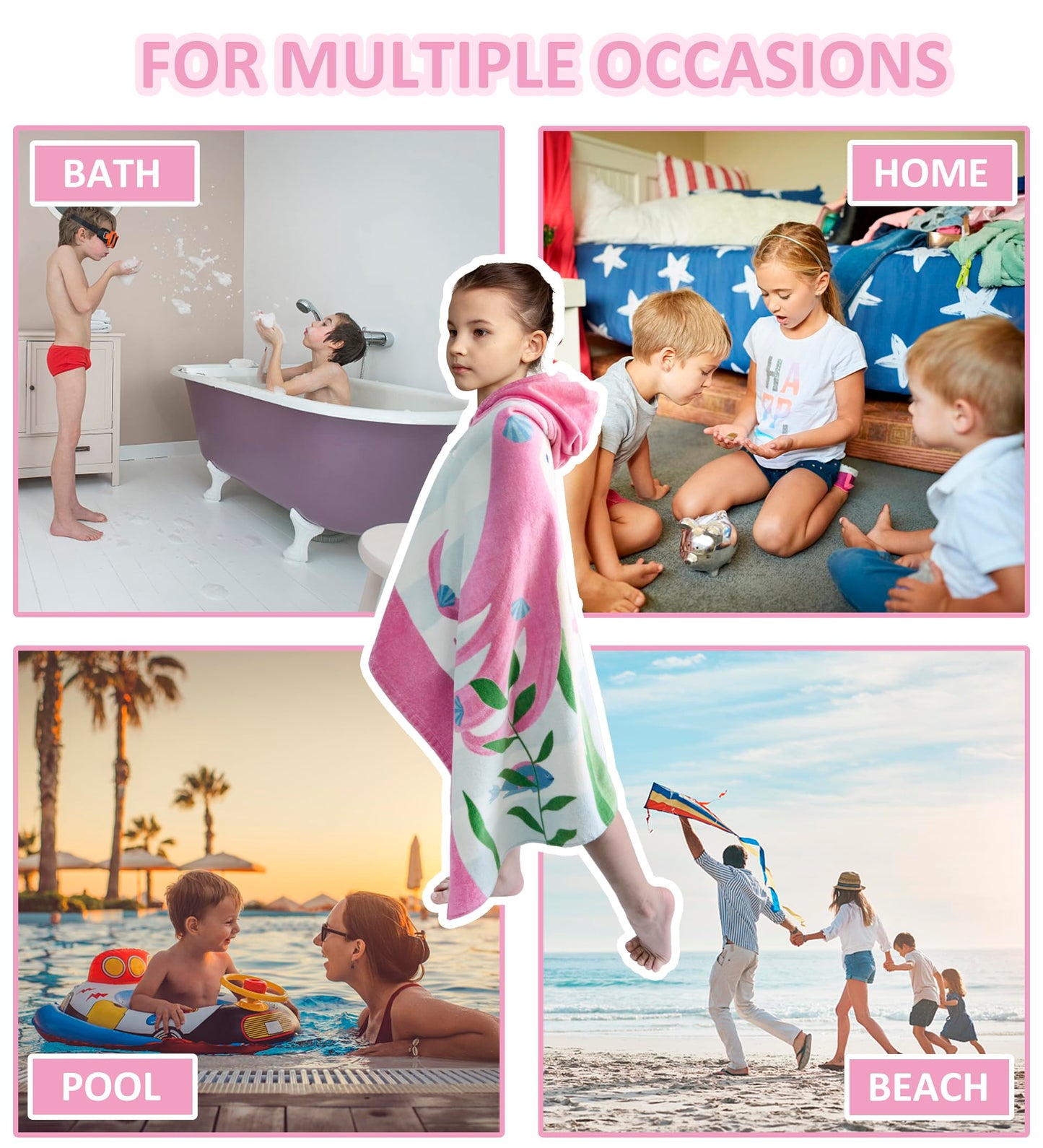Pandudu Kids Bath Towel Hooded - Cotton Kids Beach Towel 30'X50' For Ages 3 To 10, Toddler Towels With Hood Snaps, Soft Terry
