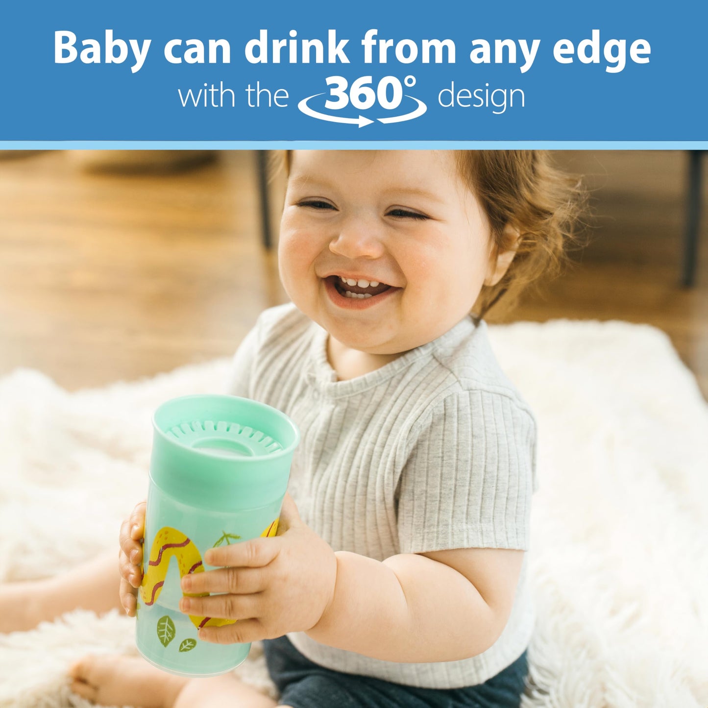 Dr. Browns Milestones Cheers 360 Cup Spoutless Transition Cup, Travel Friendly & Leak-Free Sippy Cup, Turquoise Snake, 10 Oz/300