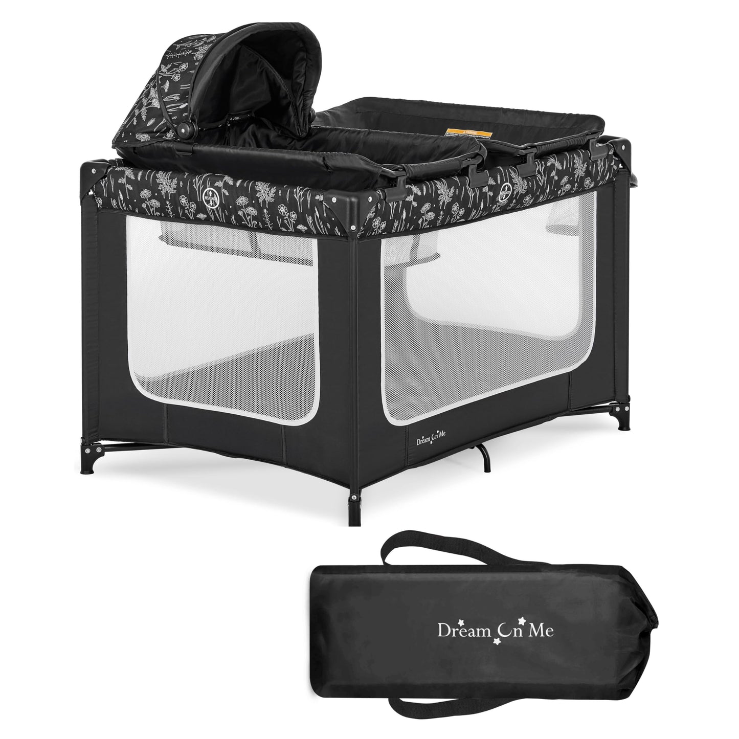 Dream On Me Emily Rose Deluxe Playard In Black And White With Infant Bassinet And Changing Tray, Lightweight Portable And Conver