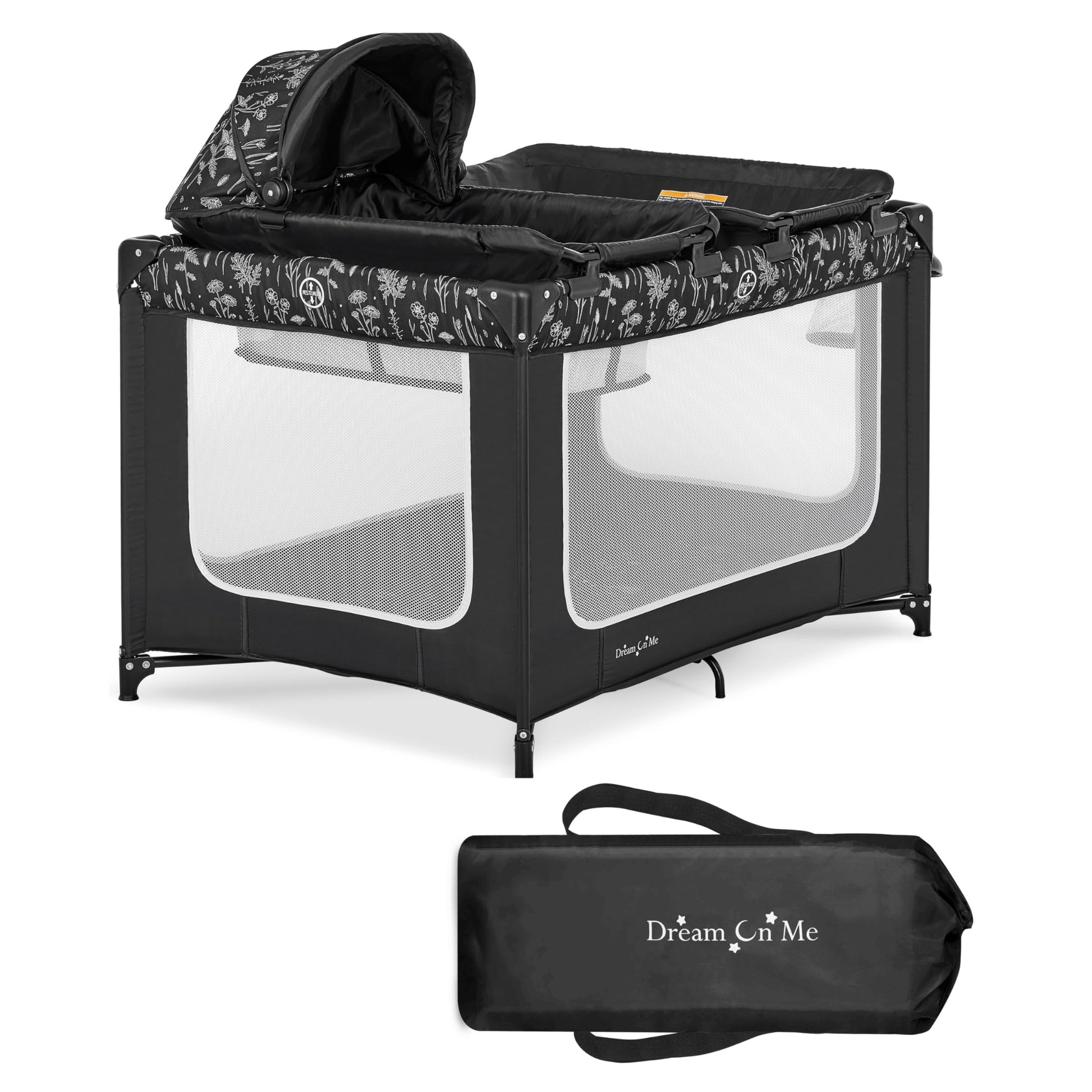 Dream On Me Emily Rose Deluxe Playard In Black And White With Infant Bassinet And Changing Tray, Lightweight Portable And Conver