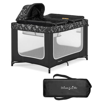 Dream On Me Emily Rose Deluxe Playard In Black And White With Infant Bassinet And Changing Tray, Lightweight Portable And Conver
