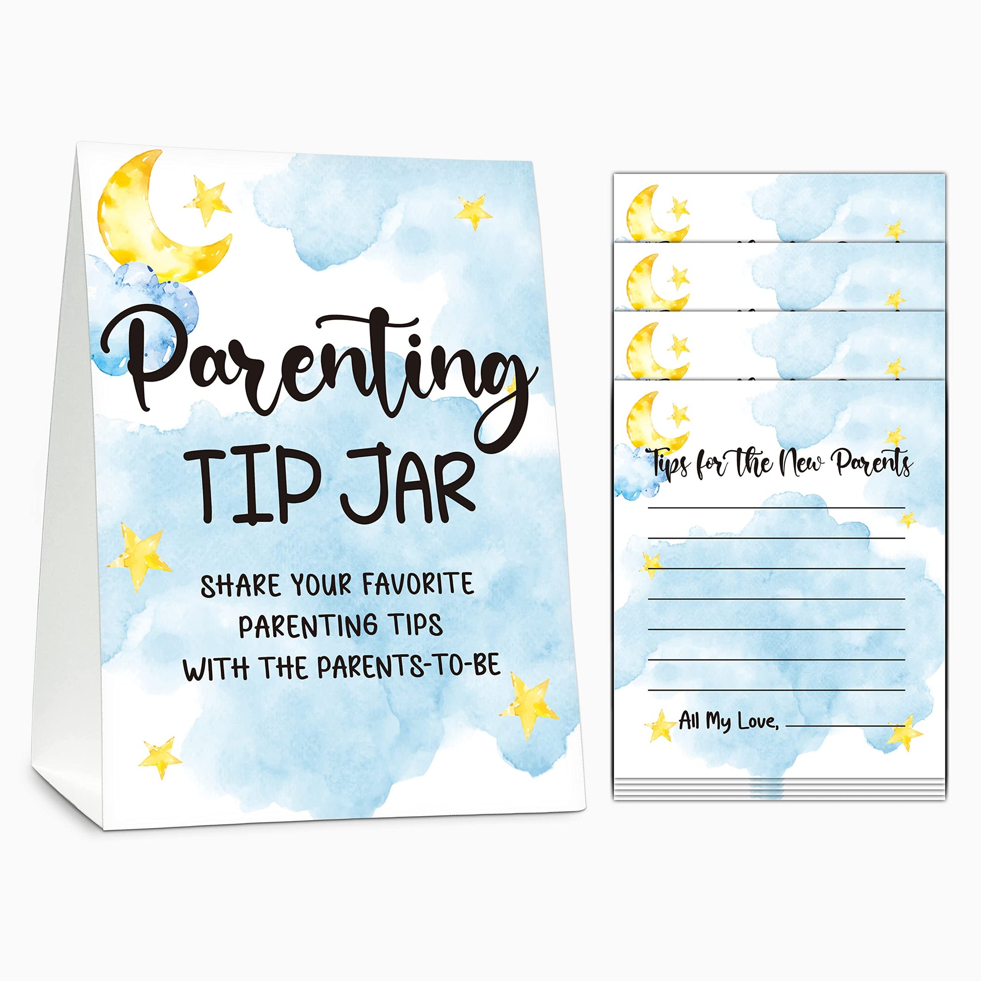 Baby Shower Games, Parenting Tip Jar Party Games(1 Standing Sign + 20 Advice Cards), Moon And Stars Advice Cards For New Parents