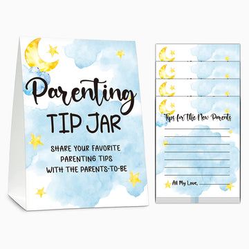 Baby Shower Games, Parenting Tip Jar Party Games(1 Standing Sign + 20 Advice Cards), Moon And Stars Advice Cards For New Parents