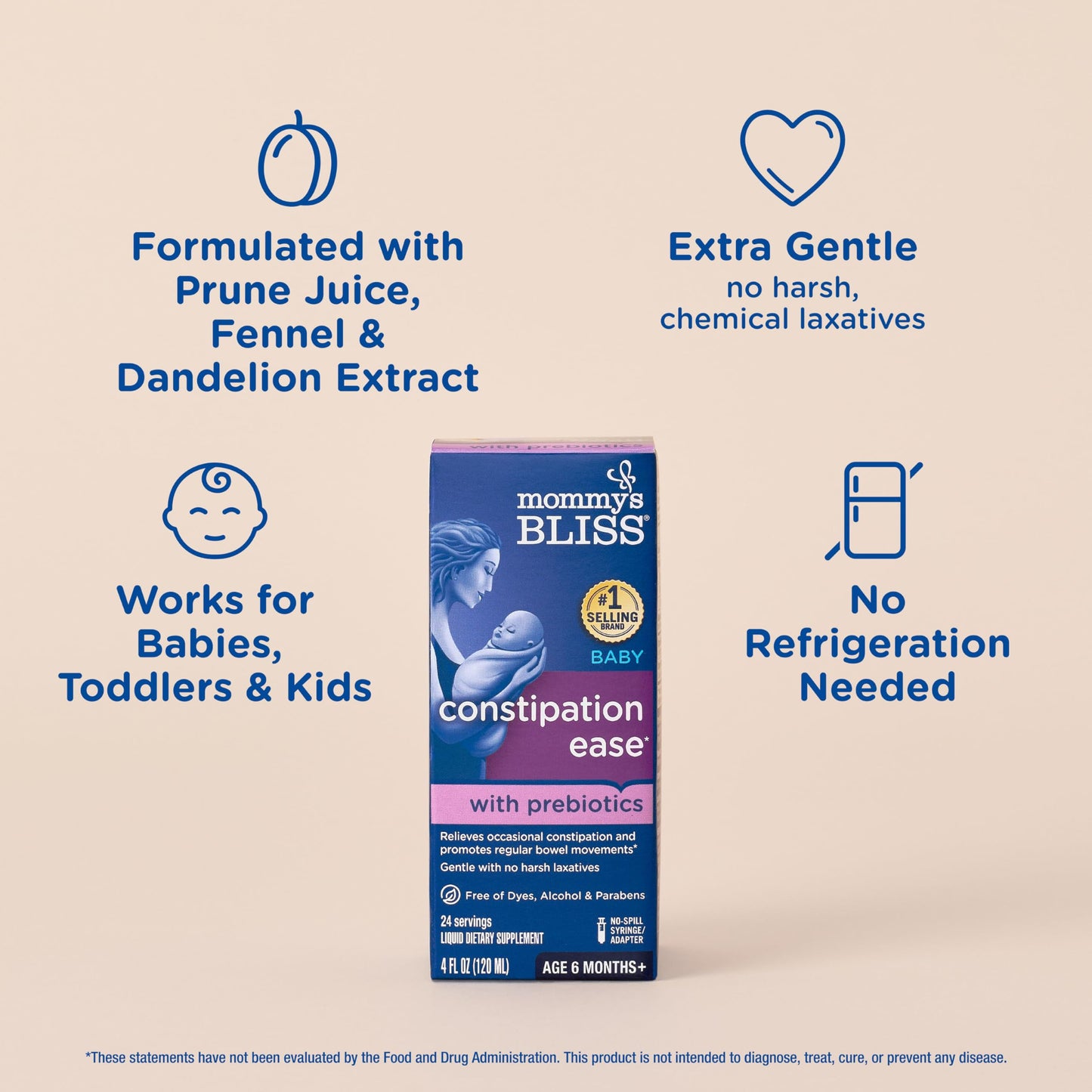 Mommy'S Bliss Constipation Ease + Prebiotics, Relieves Occasional Constipation, Gentle & Safe, No Harsh Laxatives, 4 Fl Oz Bottl