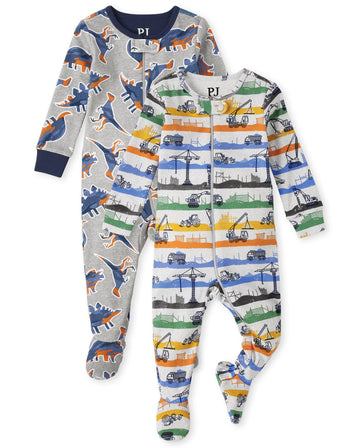 The Children'S Place Baby 2 Pack And Toddler Boys Snug Fit 100% Cotton Zip-Front One Piece Footed Pajama 2-Pack, Dino/Constructi