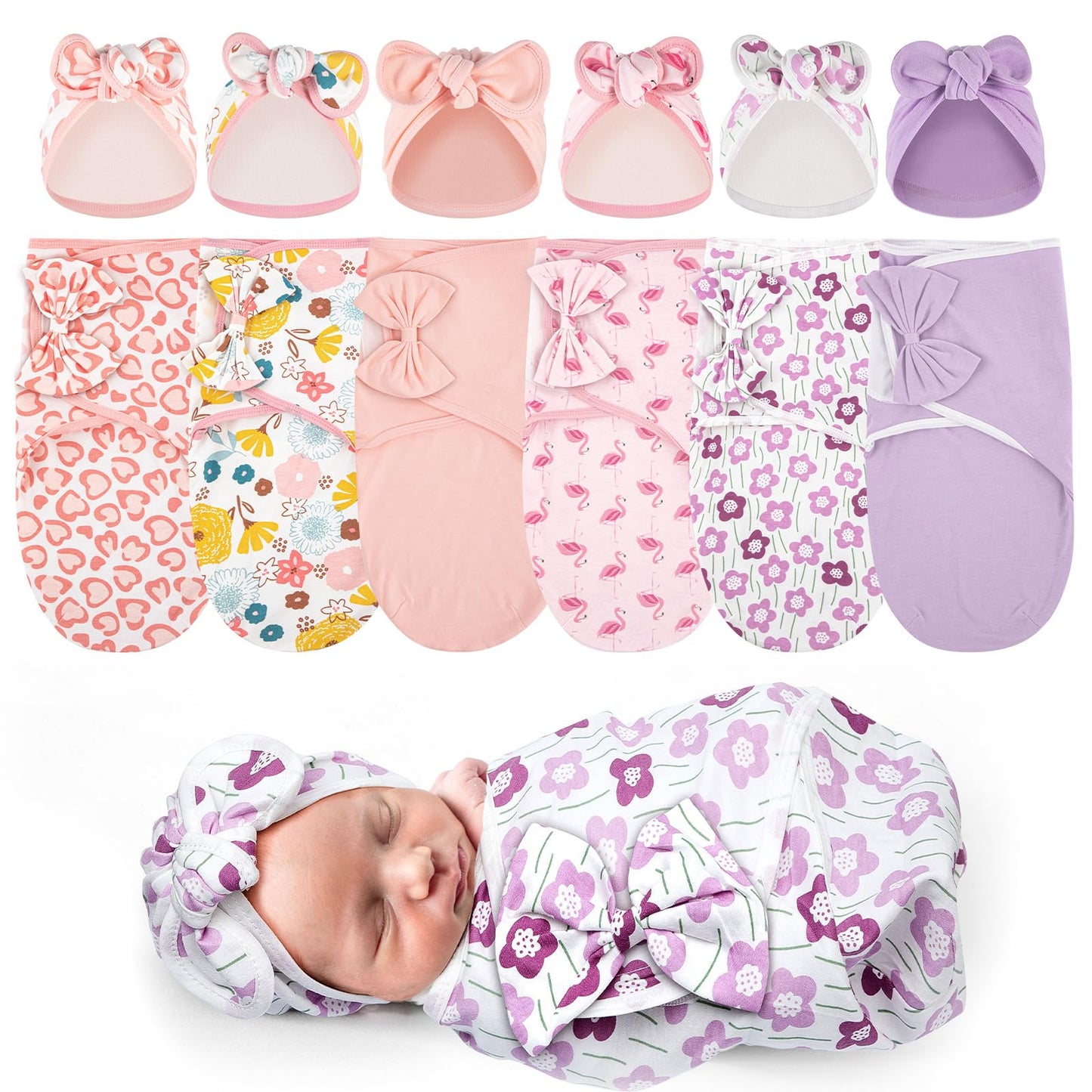 Ramede 6 Pack Preemie Swaddle Blanket with Hats Sleep Swaddle for Baby Boy Girl Preemie Newborn Sacks Soft Cotton Wearable (Bow,