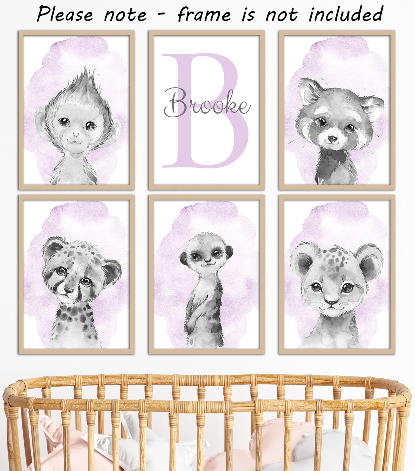 Safari Animals Set Of 6 Unframed Poster Prints For Baby Girls Nursery Bedroom Playroom, Personalized Name, Choice Of 12 Animals,