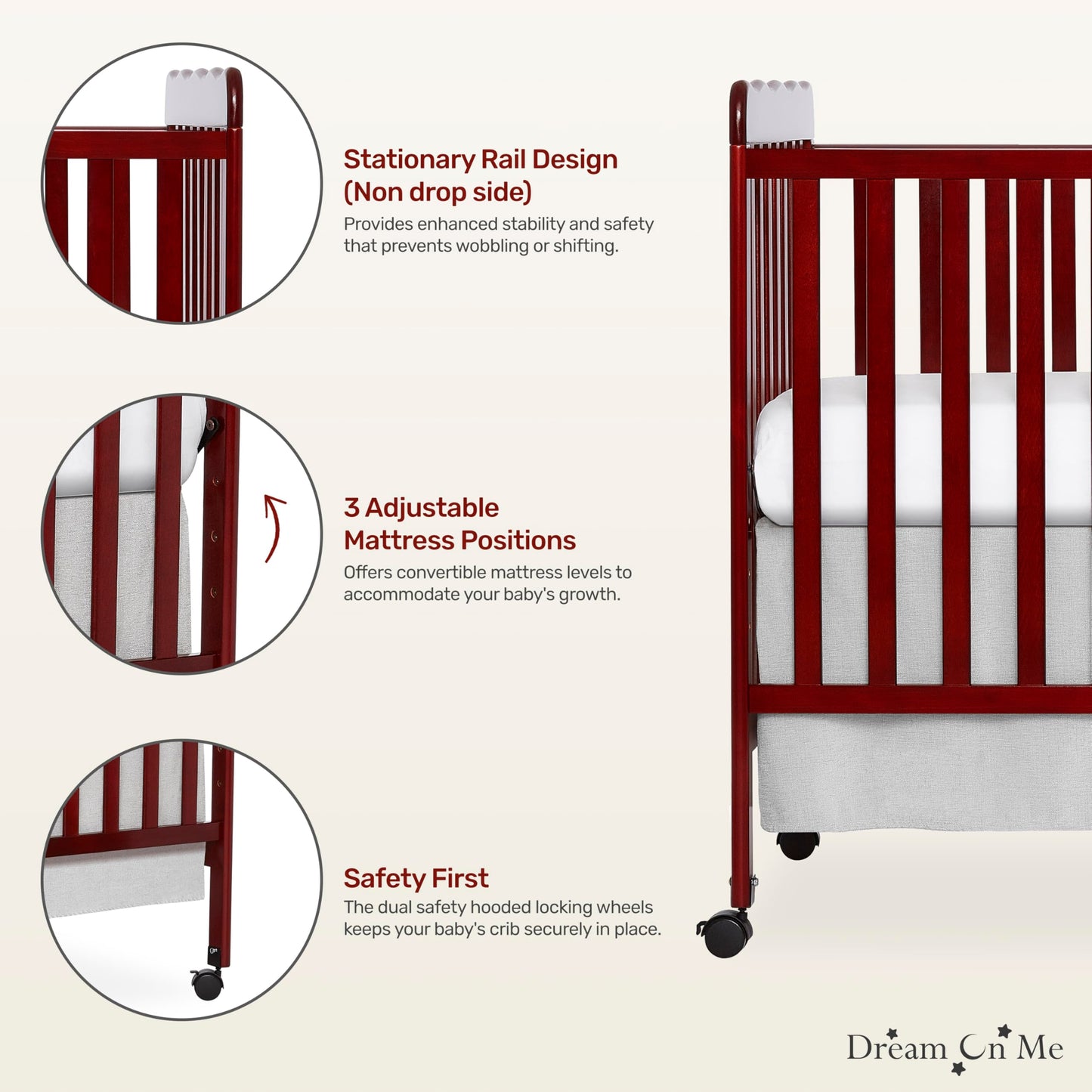 Dream On Me Carson Classic 3-In-1 Convertible Crib In Cherry Greenguard Gold & Jpma Certified Baby Crib, Comes With Locking Whee