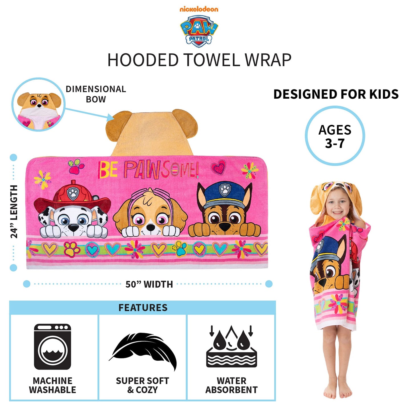 Franco Paw Patrol Pink Bath/Pool/Beach Soft Cotton Terry Hooded Towel Wrap, 24' X 50', Kids