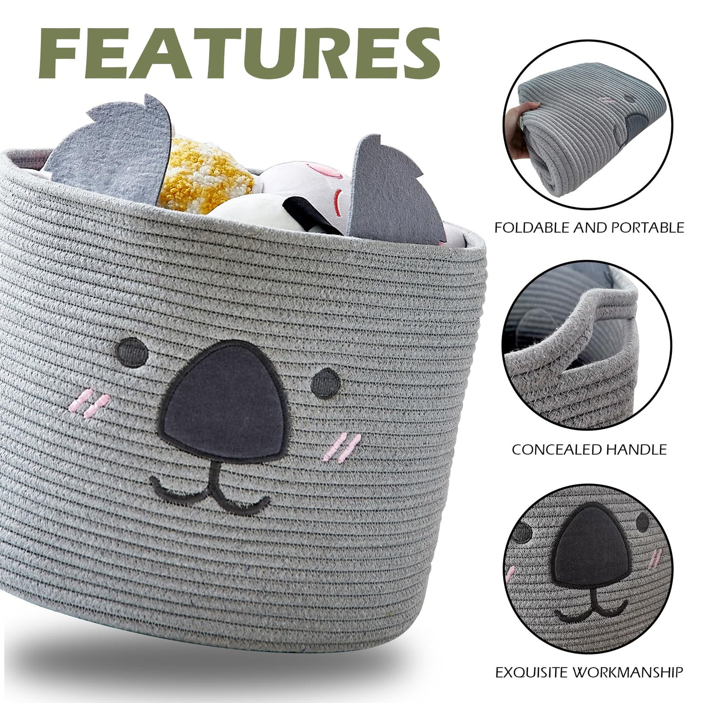 Omerai Animal Koala Basket, Cute Cotton Rope Woven Large Blanket Basket, Toy Storage For Nursery Decor And Laundry Organizer Wit