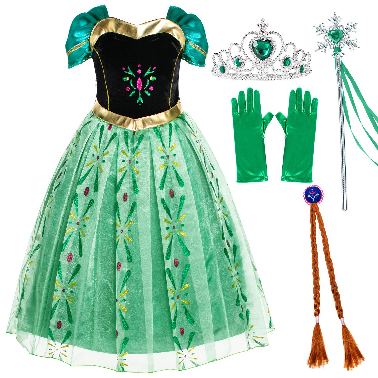 Party Chili Princess Costumes Birthday Party Fancy Dress Up For Little Girls With Wig,Crown,Mace,Gloves 5-6 Years (130)