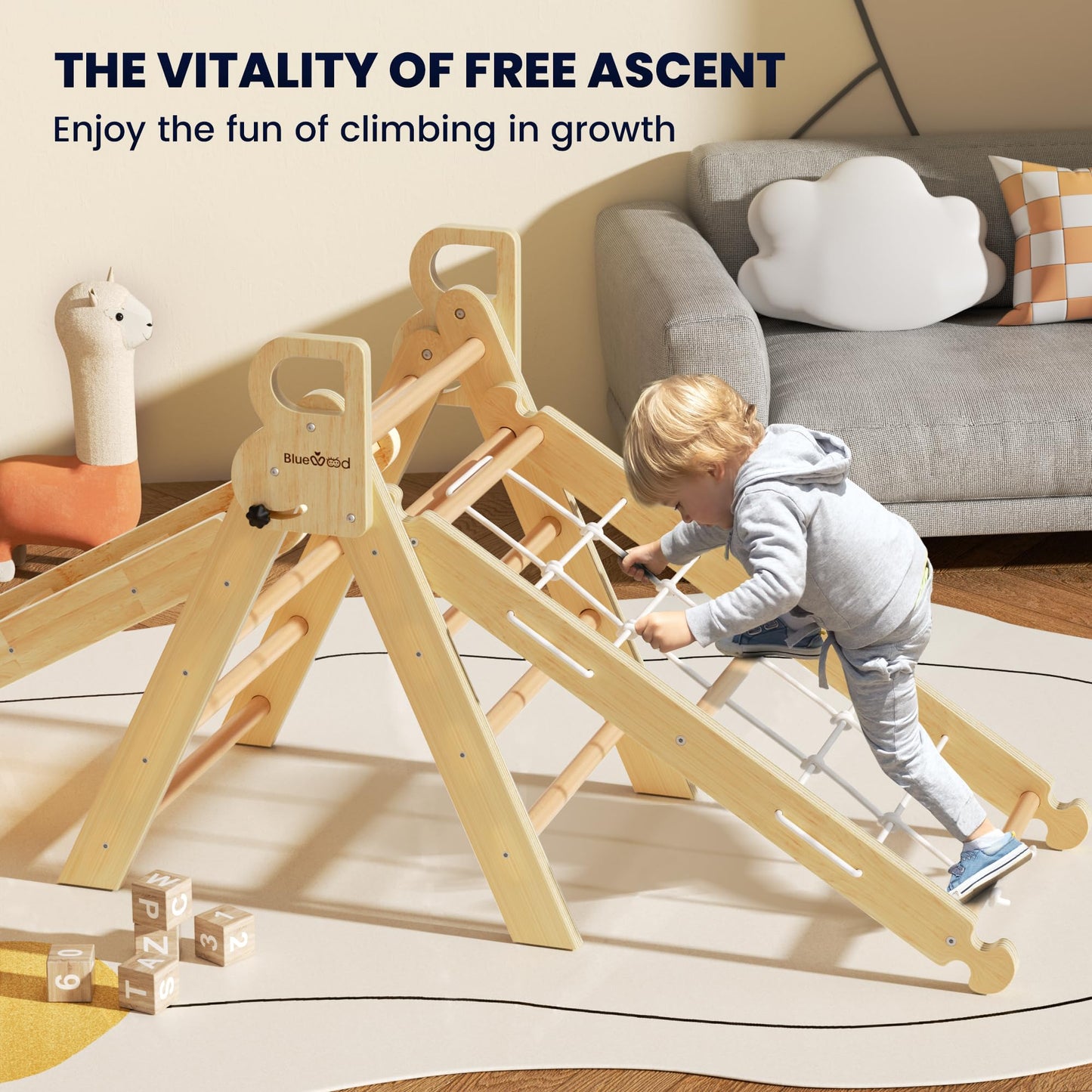 Bluewood 2025 8 In 1 Pikler Triangle Climbing Set Toddler Toys Indoor Baby Jungle Gym Climber Playground For Kids - Natural Wood