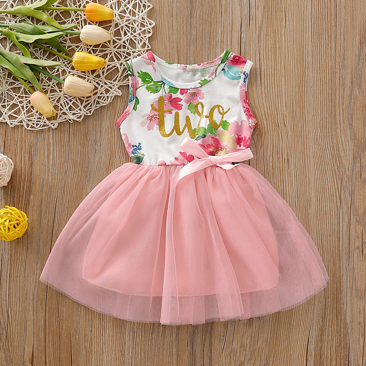 Shalofer Baby Little Girl Two Year Old Birthday Skirt Set Baby Girls 2Nd Birthday Floral Outfit Sets (Pink-Twogold, 2 T)