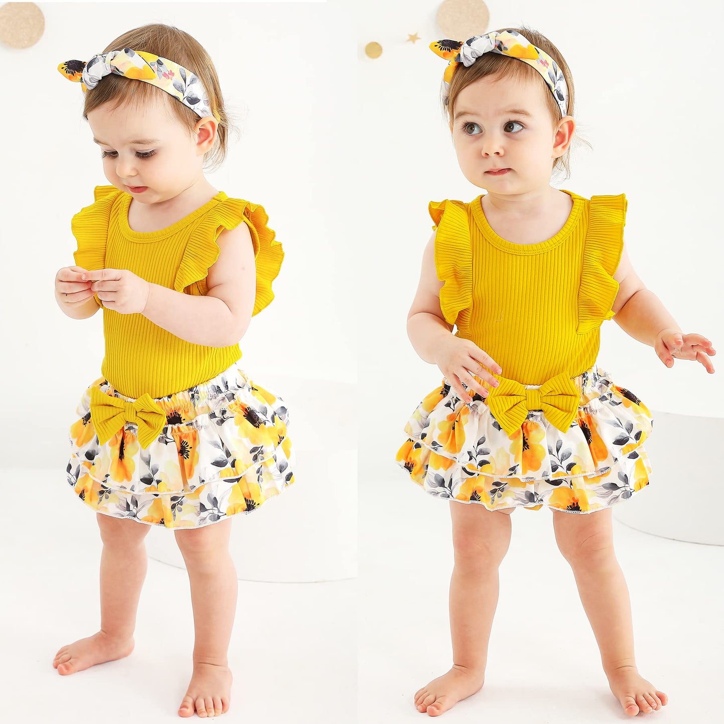 Tiny Cutey Baby Girl Clothes Infant Summer Outfits Set Ruffle Sleeve Romper And Floral Shorts With Headband (Yellow Romper And R
