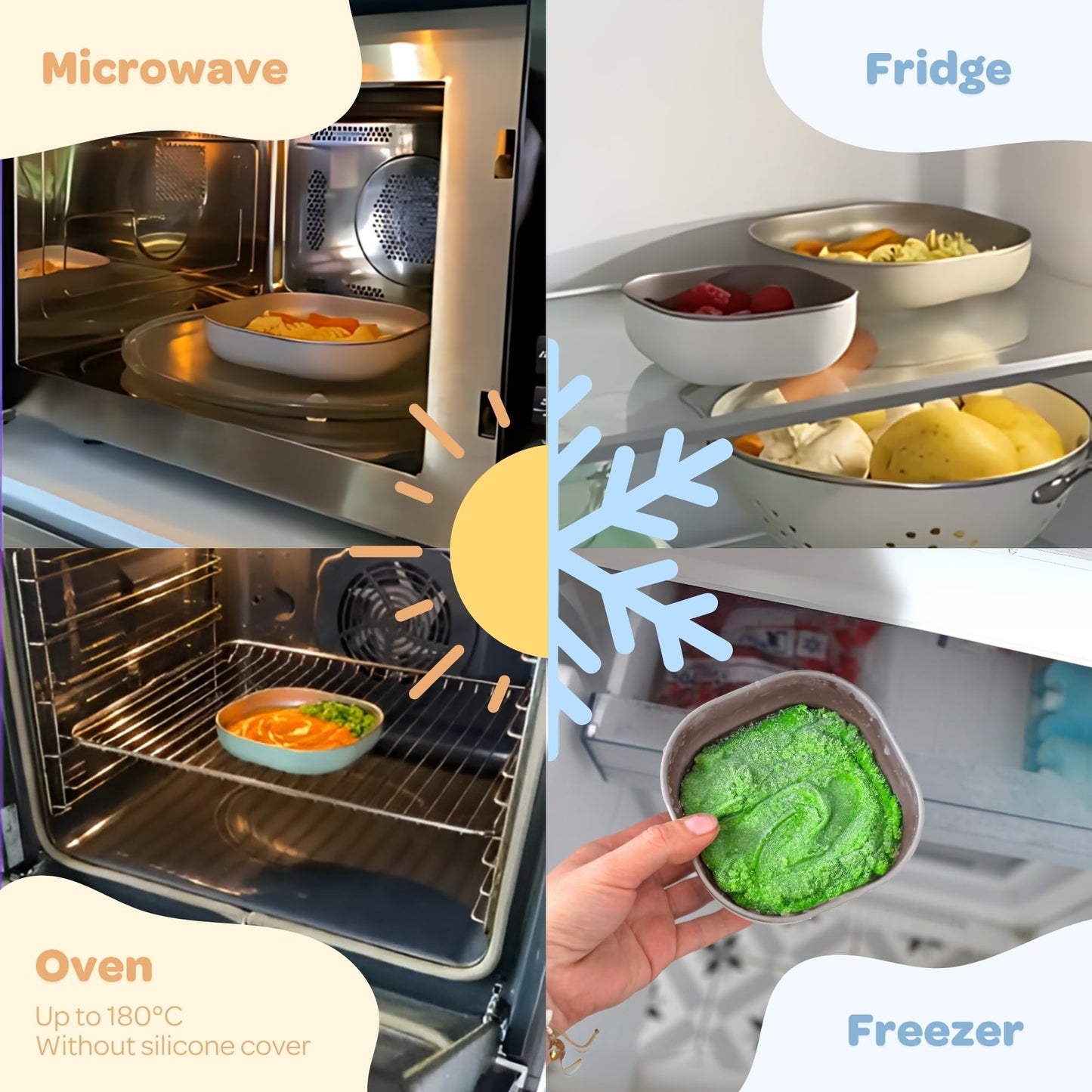 Beaba Stainless Steel Meal Set | Microwave And Oven Safe | Baby Plates Baby Bowls And Cup With Anti-Slip Silicone Cover | Kids P