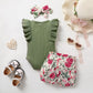 Tiny Cutey Baby Girl Clothes Infant Summer Outfits Set Ruffle Sleeve Romper And Floral Shorts With Headband (Green Romper+Vintag