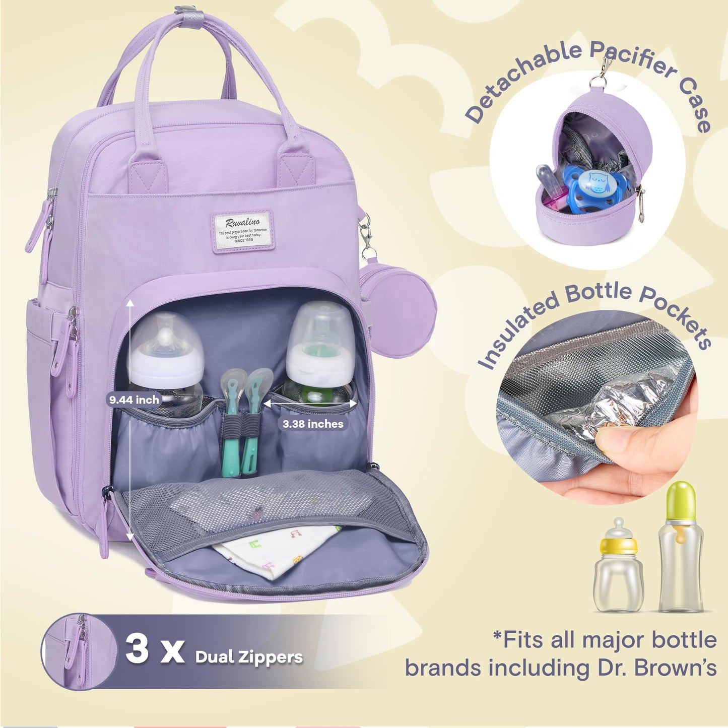 Ruvalino Diaper Bag Backpack, Multifunction Travel Pack Maternity Baby Changing Bags, Large Capacity, Waterproof, Taro Purple