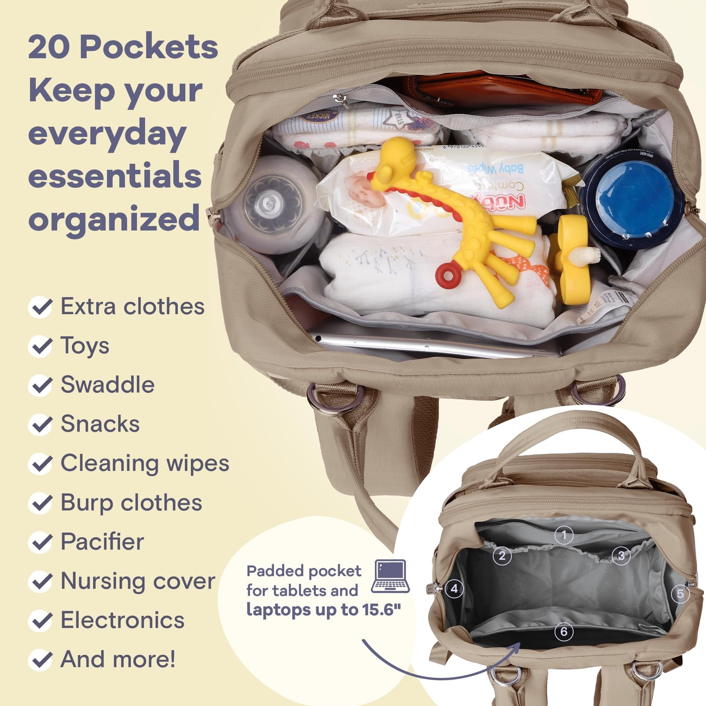 Ruvalino Diaper Bag Backpack, Multifunction Travel Pack Maternity Baby Changing Bags, Large Capacity, Waterproof, Clay