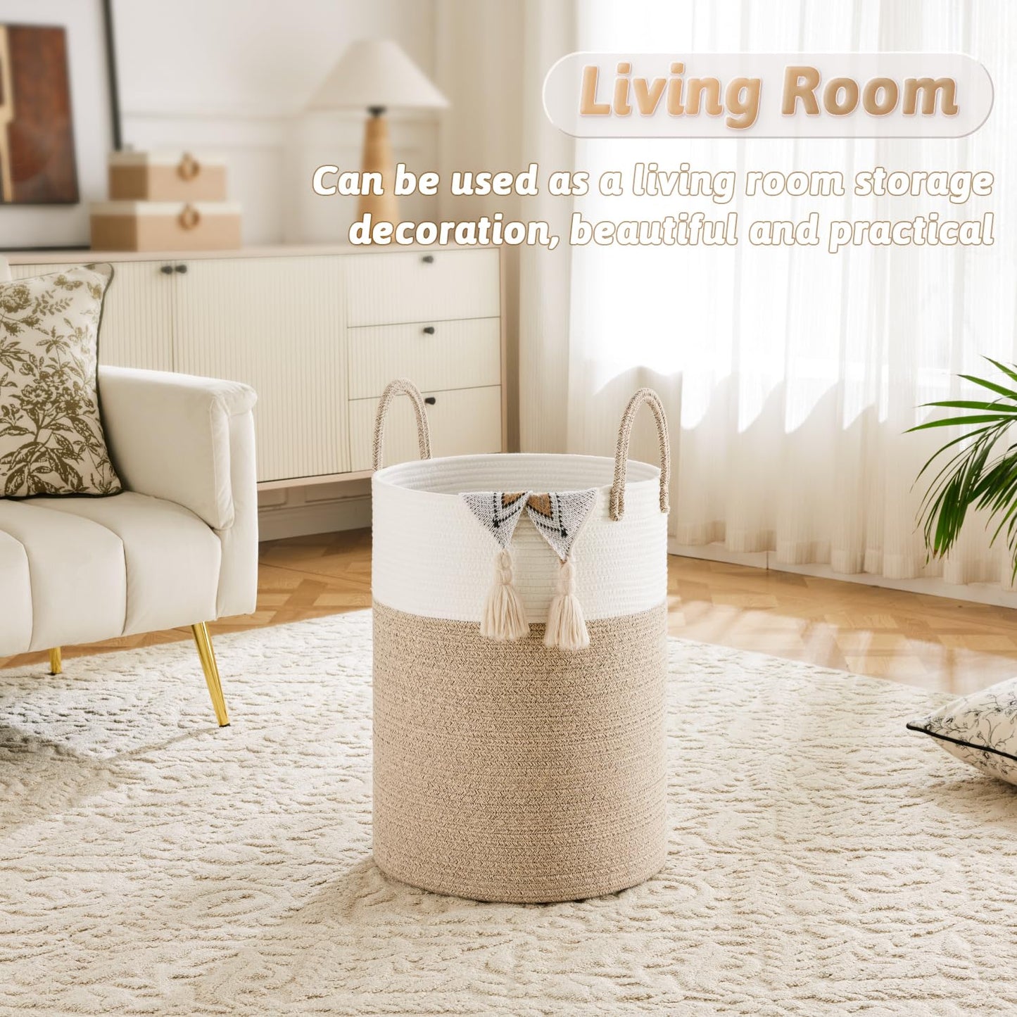 Artfeel Laundry Basket,Woven Cotton Rope Laundry Hamper,60L For Decor Storage Of Dirty Clothes,Toys And Blankets In Bathroom,Bab