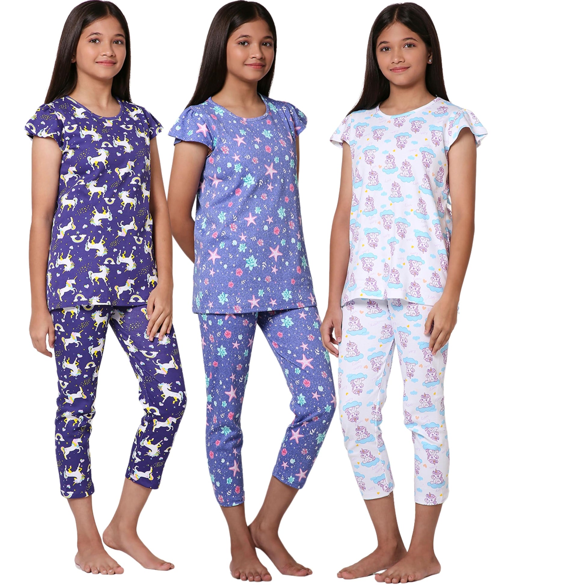 TotzTouch Girls Night Dress | Pajama Set | TShirt and Capris 3/4th Pant Pink,Purple, White, Violet, Blue Printed (Age 3 to 15 Y