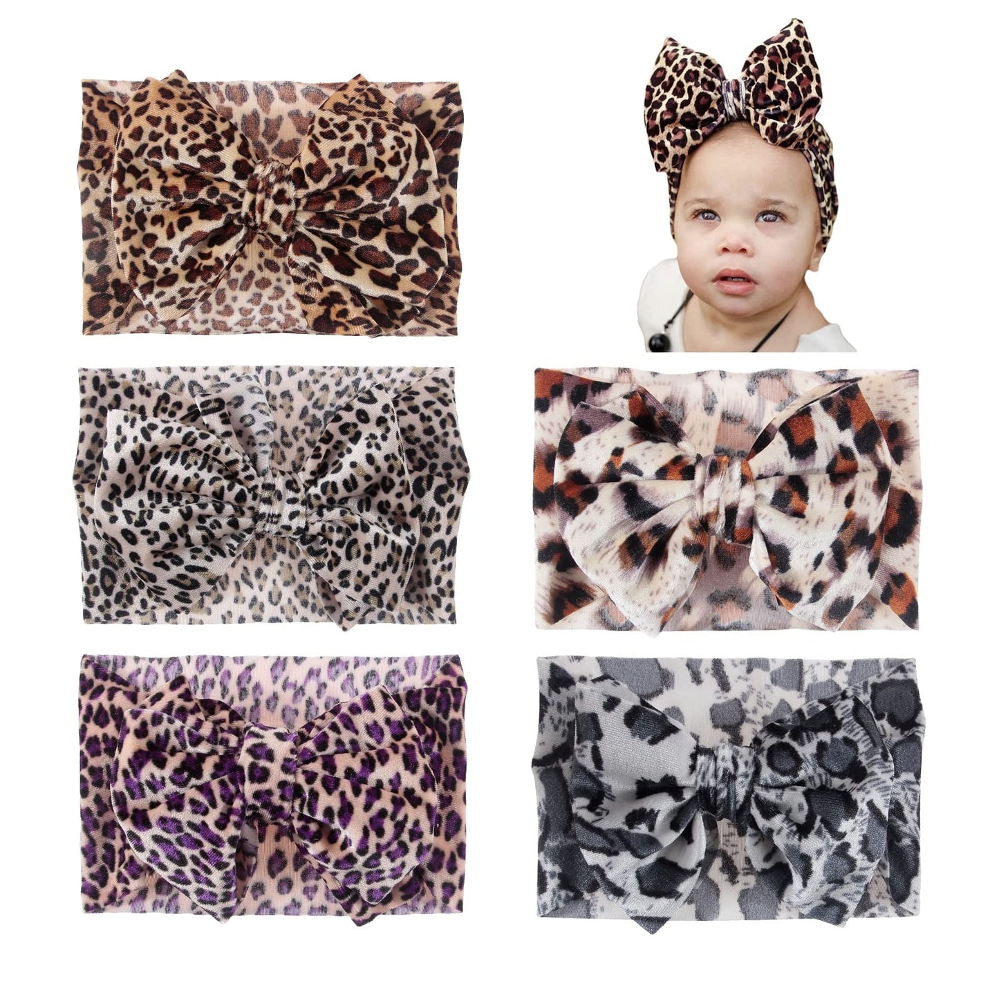 Nishine 5Pcs Baby Girls Soft Wide Leopard Hair Turban Head Wraps Kids Stretchy Knotted Bows Headband For Children Hair Accessori