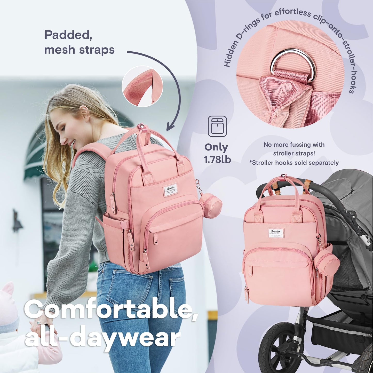 Ruvalino Diaper Bag Backpack, Multifunction Travel Pack Maternity Baby Changing Bags, Large Capacity, Waterproof, Pink