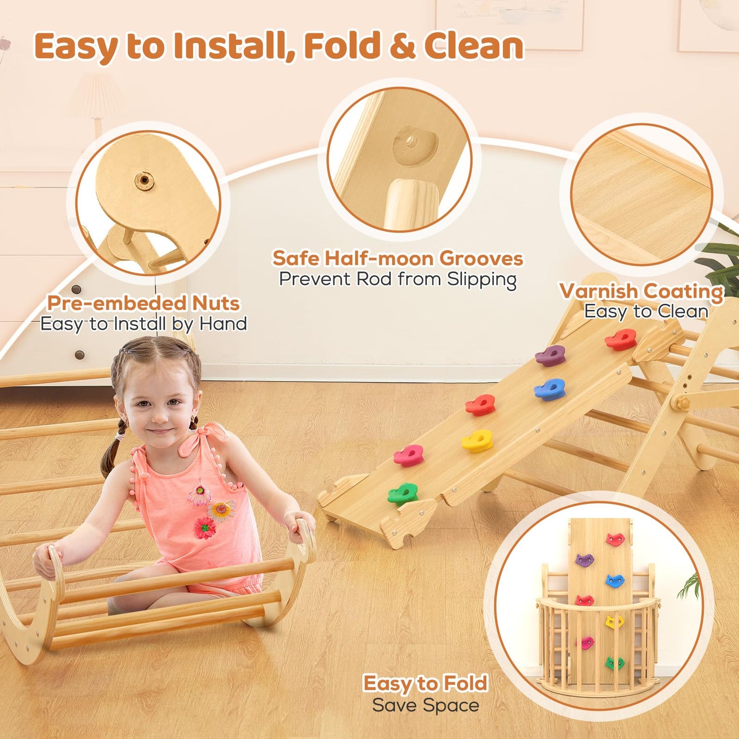 Funlio Foldable Pikler Triangle Set, Montessori Climbing Set With Solid Wood For Toddlers 2-5 Yrs, Adjustable 5-In-1 Indoor Play