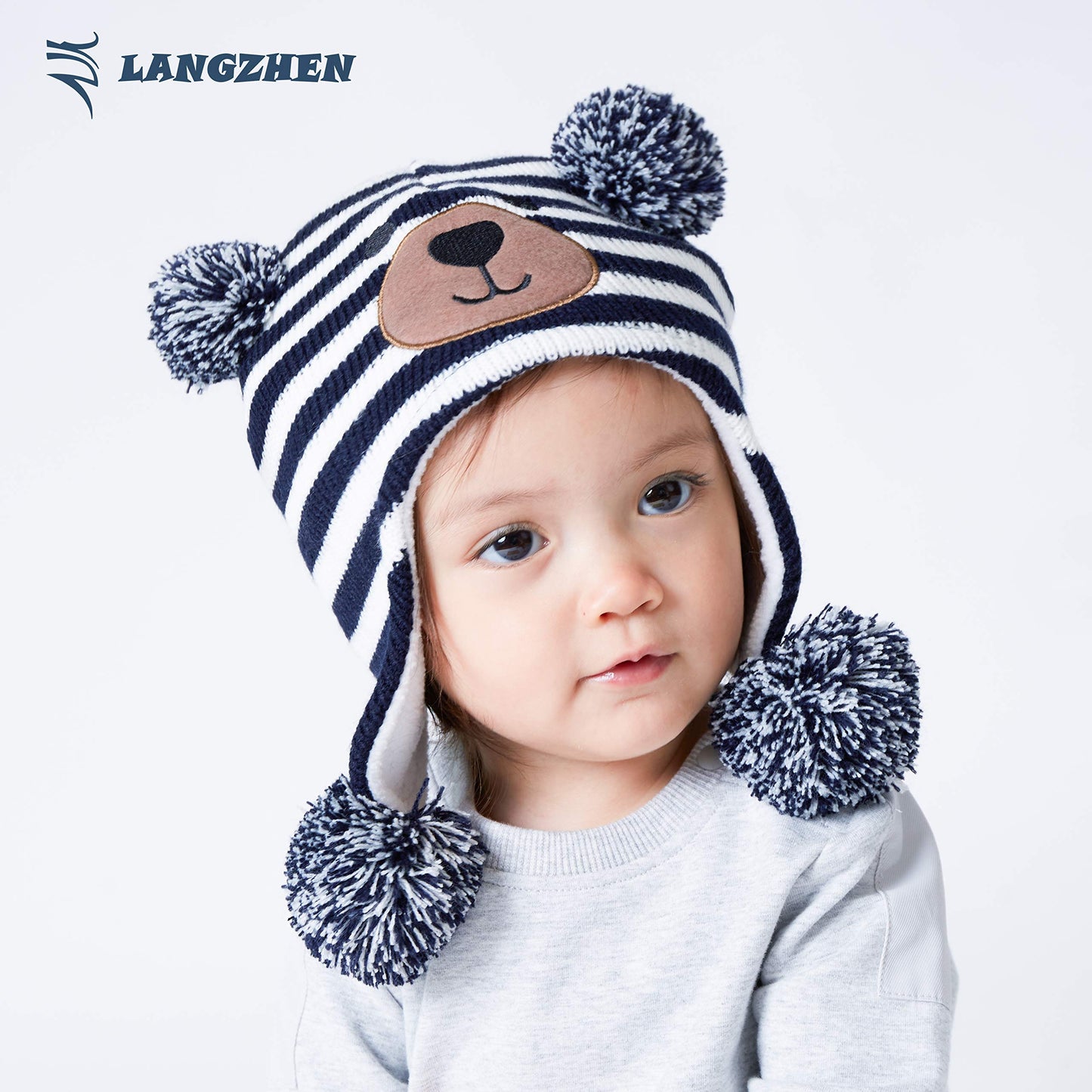 Langzhen Toddler Kids Infant Winter Hat,Earflap Knit Warm Cap Fleece Lined Beanie For Baby Boys (Bear -Navy Stripe, S(46-48Cm/18