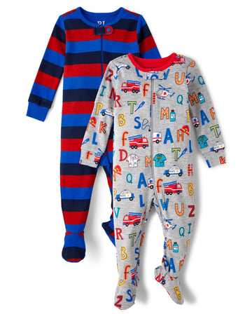 The Children'S Place,Baby Boys,And Toddler Long Sleeve 100% Cotton Zip-Front One Piece Footed Pajama,Firetuck 2-Pack,3 Years