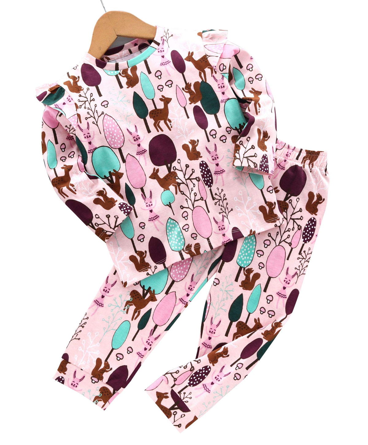Ventra Girls Forest Nightwear, 100% Cotton Nightdress for Kids, Top and Bottom Pyjama Set Pink