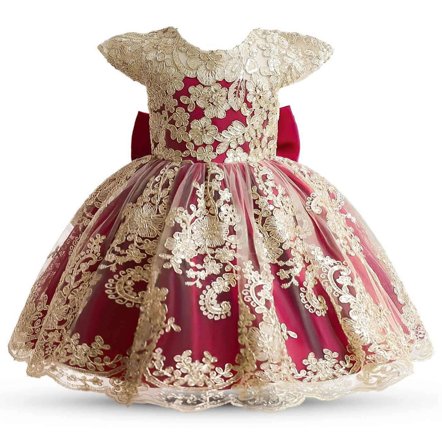 Nnjxd Baby Girl Dress Flower Embroidery Princesstutu Pageant Party Gown 2006 Deep Red Size(110) 3-4 Years