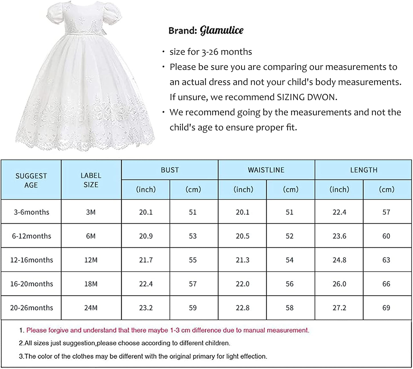 Glamulice White Baby Girls Newborn Satin Christening Baptism Floral Embroidered Dress Gown Outfit 20-26 Infant Lace Formal Party