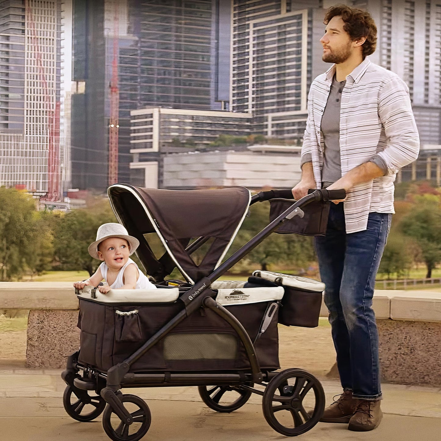 Baby Trend Expedition 2-In-1 Collapsible Stroller Wagon Plus With Canopy, Storage Basket, 2 Storage Trays, And 6 Bottle Holders,