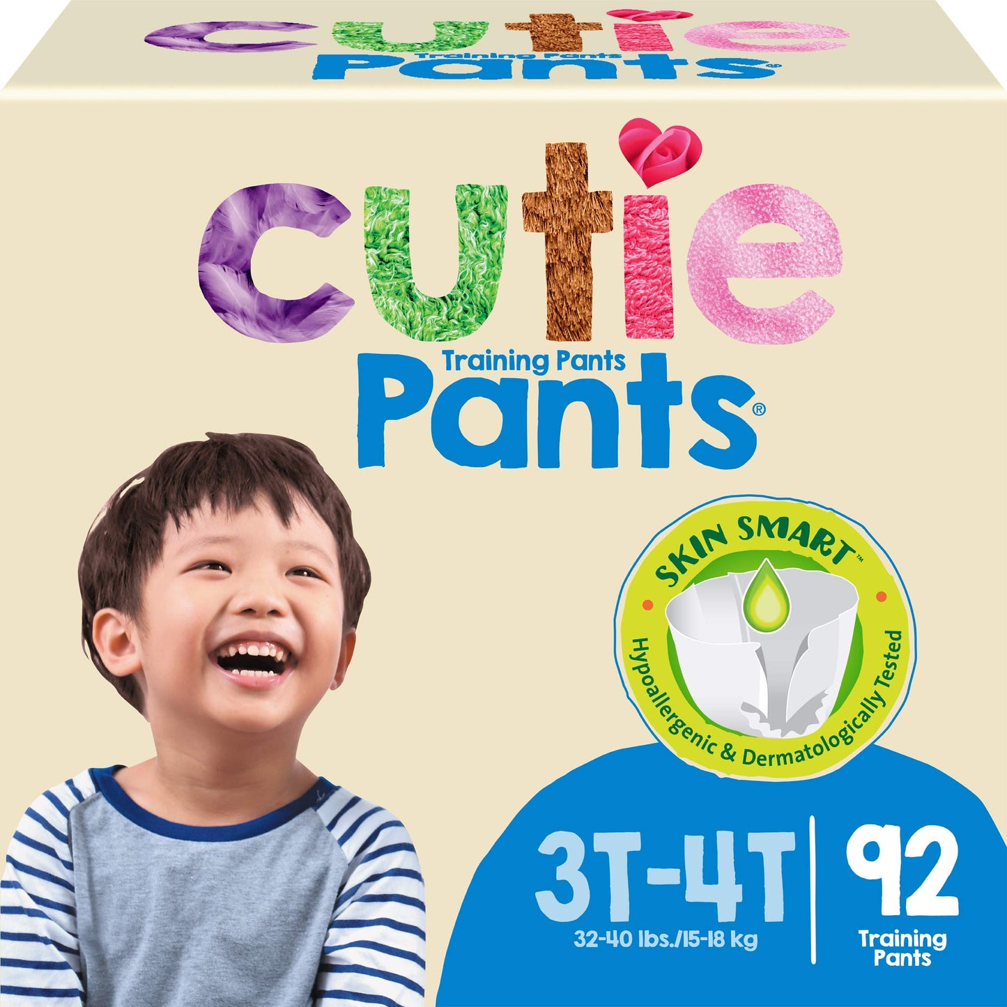 Cuties Boys 3T/4T Refastenable Potty Training Pants, Hypoallergenic With Skin Smart, 92 Count White